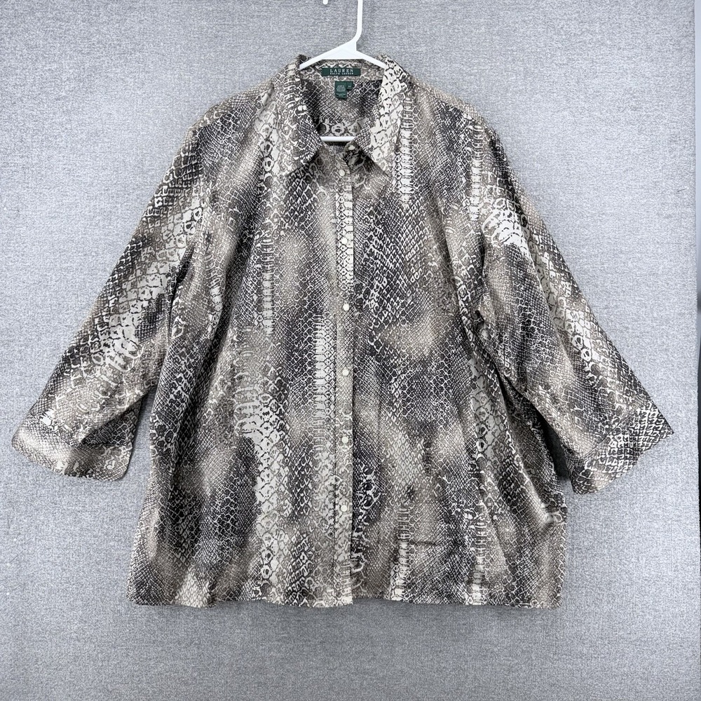 Lauren Ralph Lauren Tunic Top Women Size 3X Brown Snake Skin Print Button Up